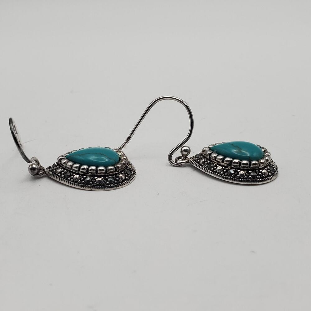SLC 925 Vintage Sterling Silver Marcasite Turquoise Dangle Earrings Teardrop - Picture 5 of 9